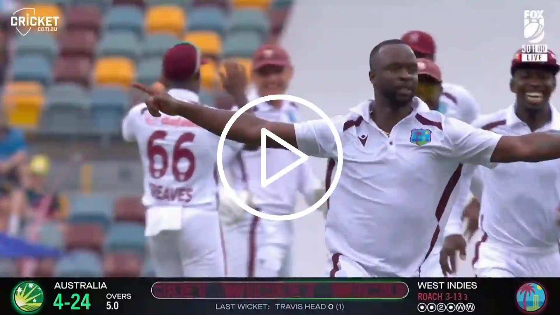 [Watch] Travis Head Goes For A Duck As Kemar Roach Gets On Hattrick At Gabba